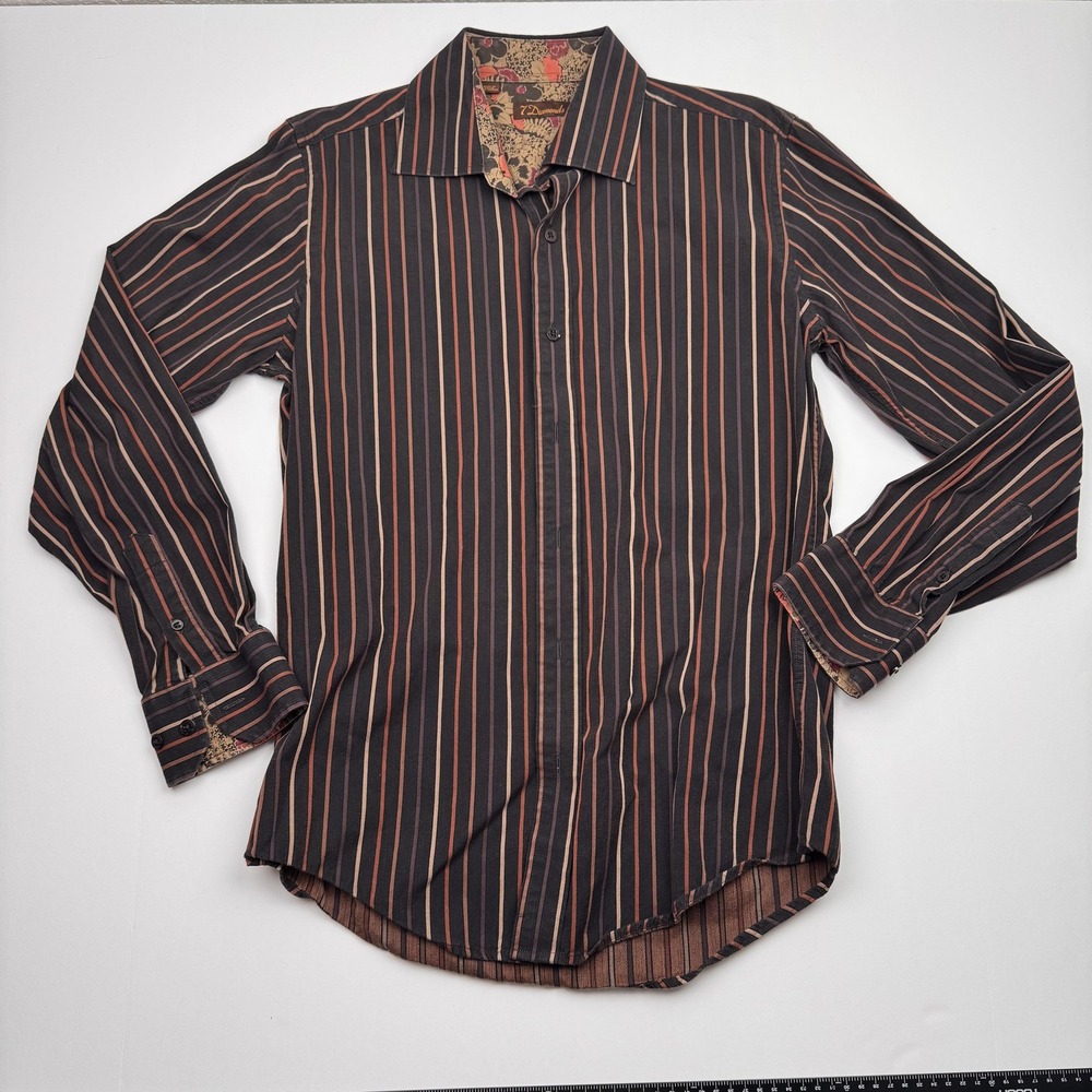 7 Diamonds Shirt Mens Medium Black Brown Stripe Long Sleeve Button Front Floral